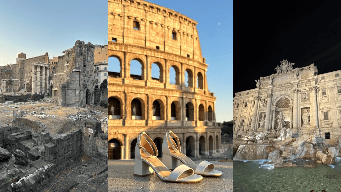 Foto da sandália CATE 60 em diversos pontos turísticos de Roma na Itália