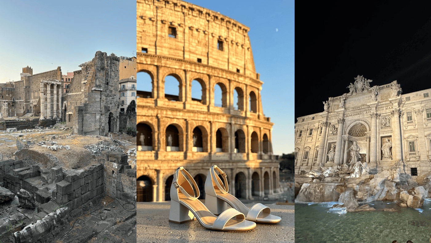 Foto da sandália CATE 60 em diversos pontos turísticos de Roma na Itália
