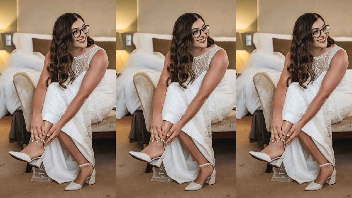 Noiva Daniela Ribeiro da Silva em seu casamento usando sapatos Benvenuta