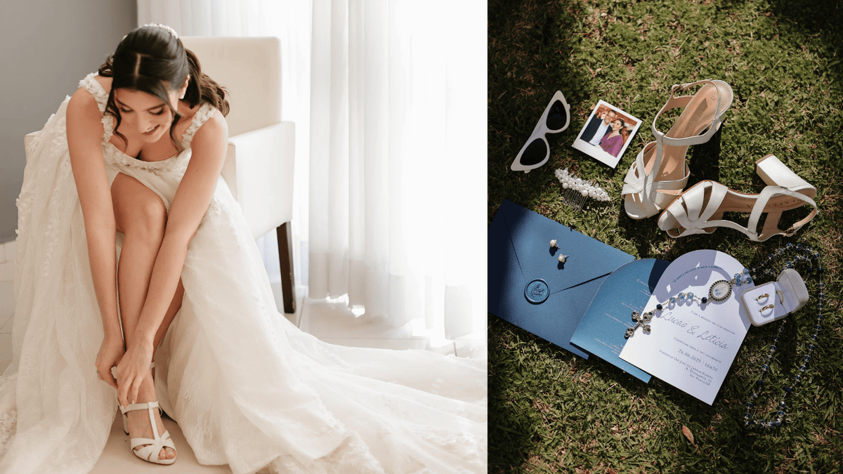Noiva Leticia Quaiatti em seu casamento usando sapatos Benvenuta
