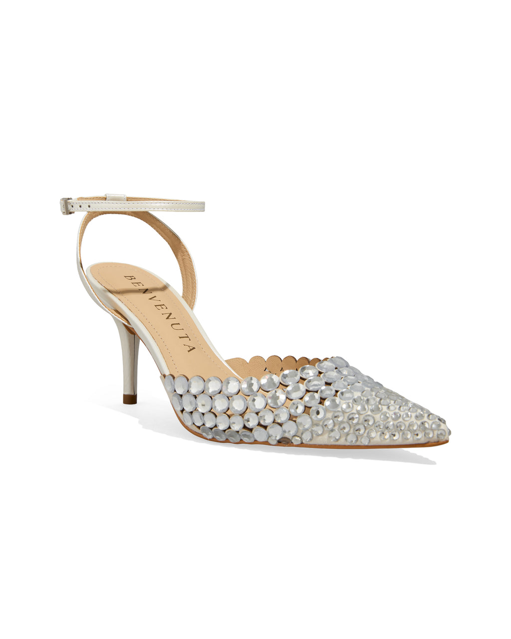 Slingback de noiva AURA 85 Benvenuta com detalhe para o bico e cabedal de cristais translúcidos