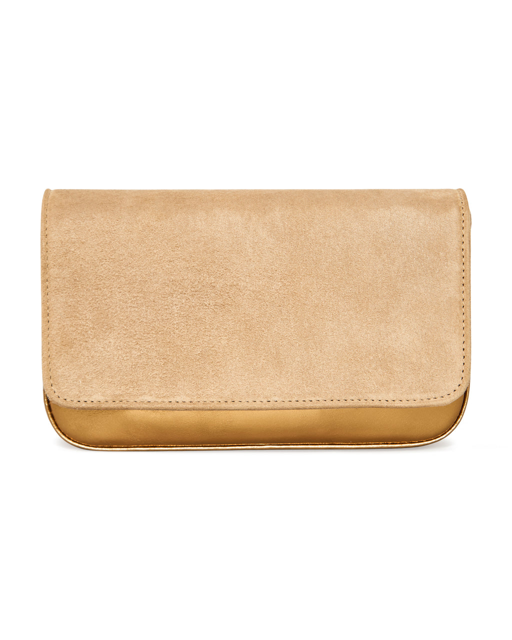 Clutch Lia em chamois camel com acabamento bronze metalizado Benvenuta
