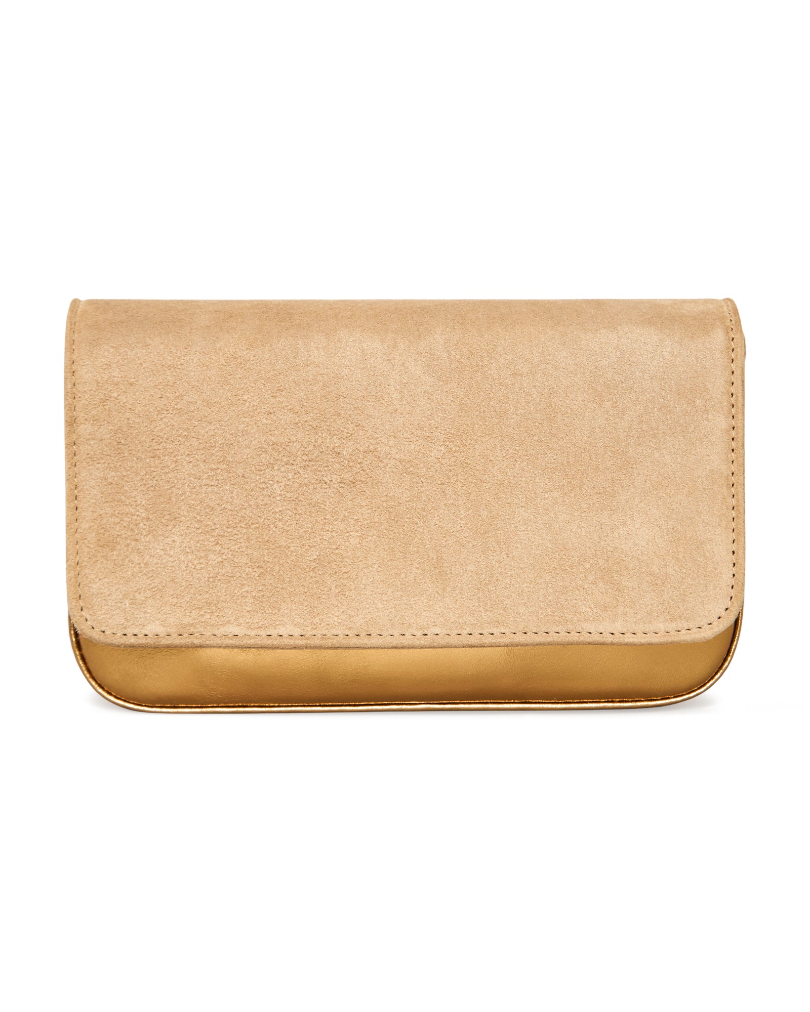 Clutch Lia em chamois camel com acabamento bronze metalizado Benvenuta