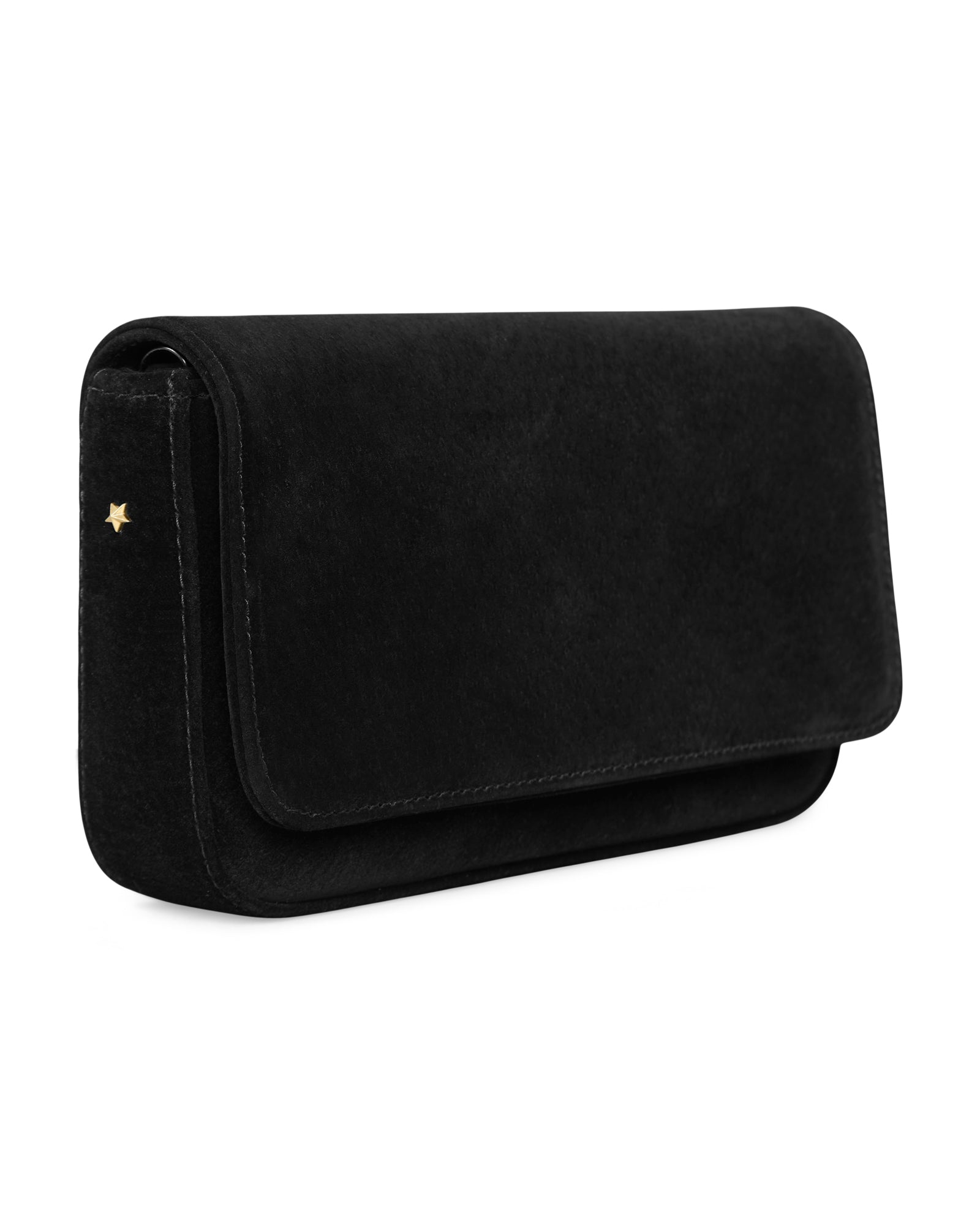 Clutch Lia em chamois preto em vista lateral com detalhe para a estrelinha Benvenuta