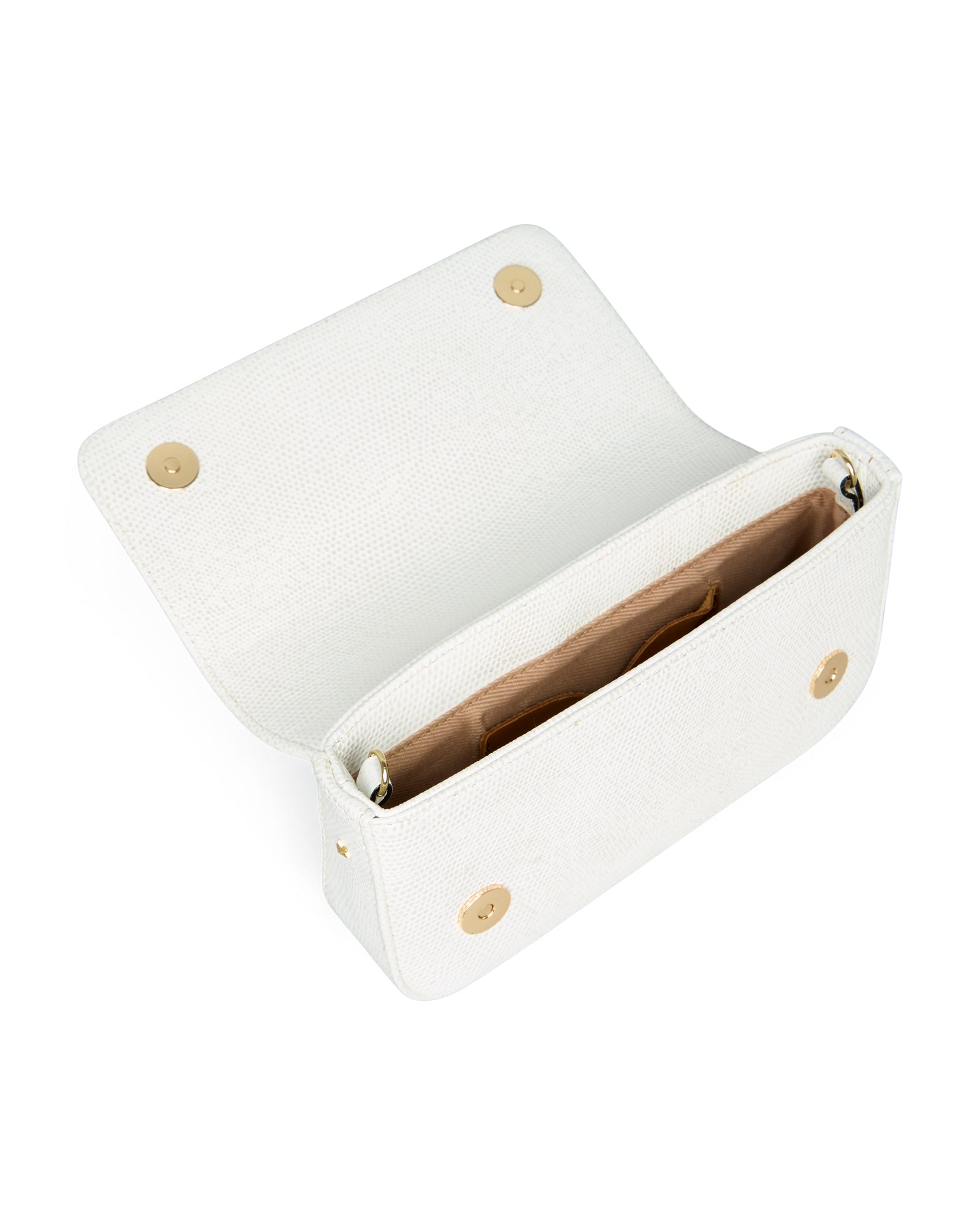 Clutch Lia Iguana Branca Perolada Benvenuta aberta, vista interna