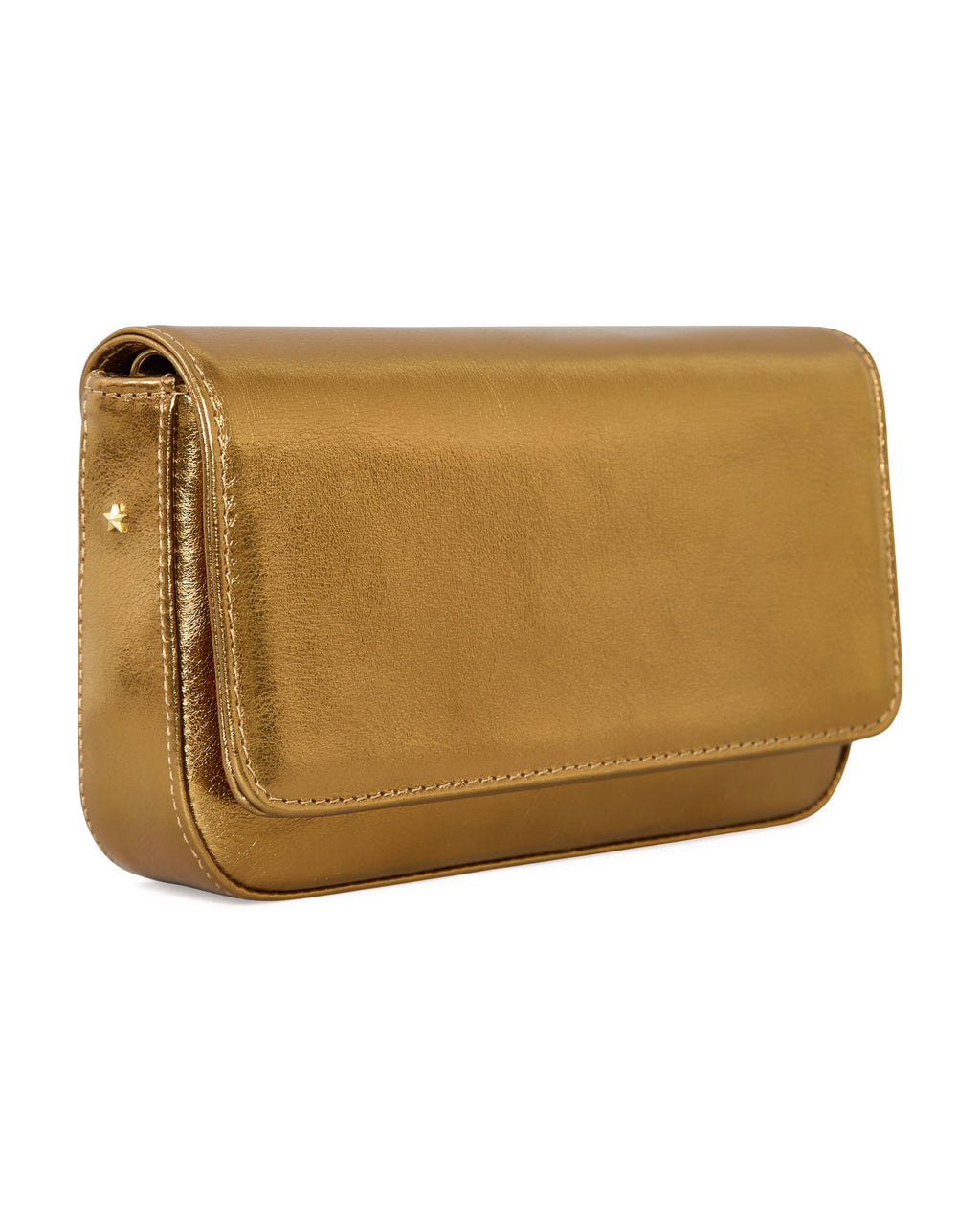 Clutch Lia em bronze metalizado em vista lateral com detalhe para a estrelinha Benvenuta