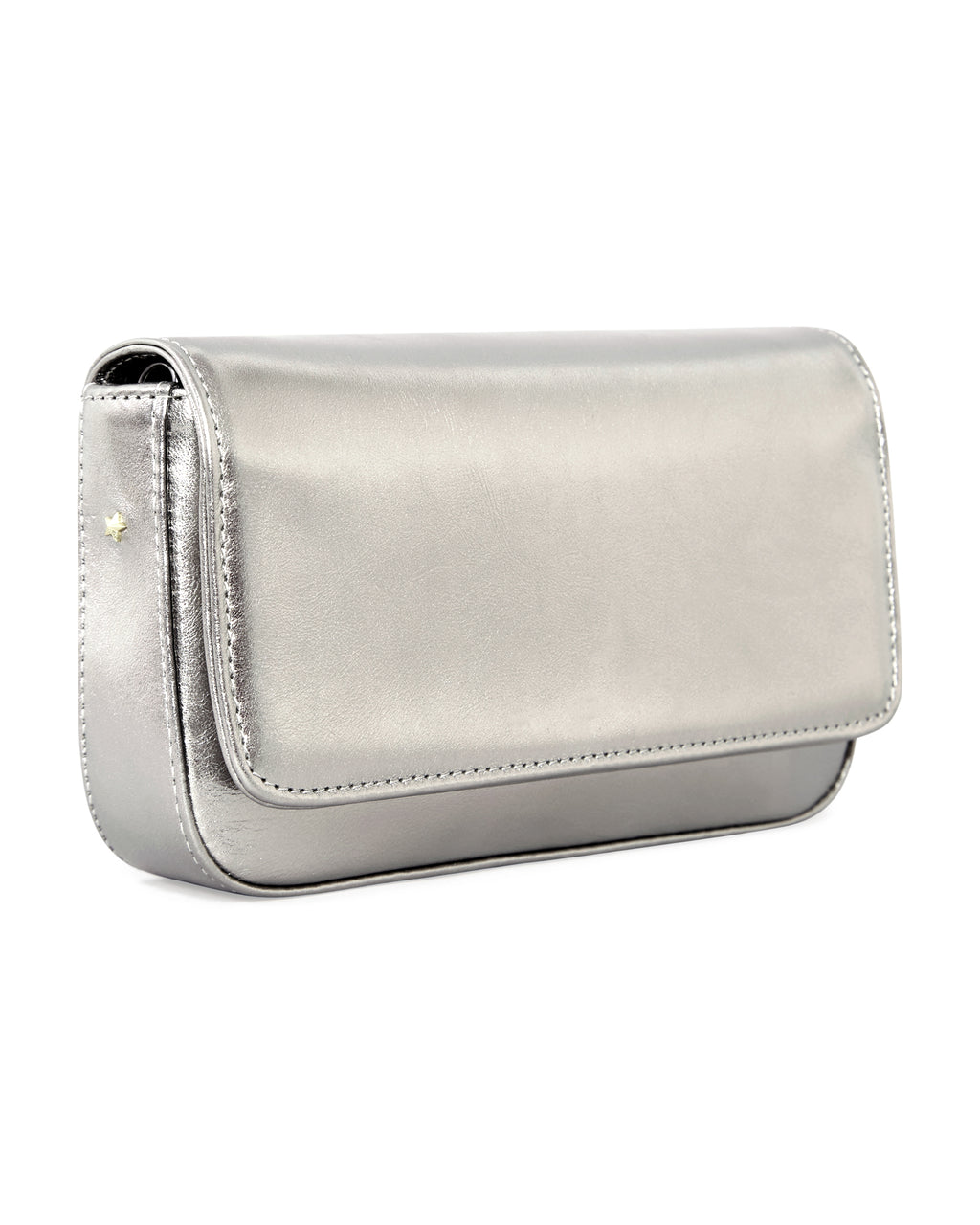 Clutch Lia em inox metalizado em vista lateral com detalhe para a estrelinha Benvenuta