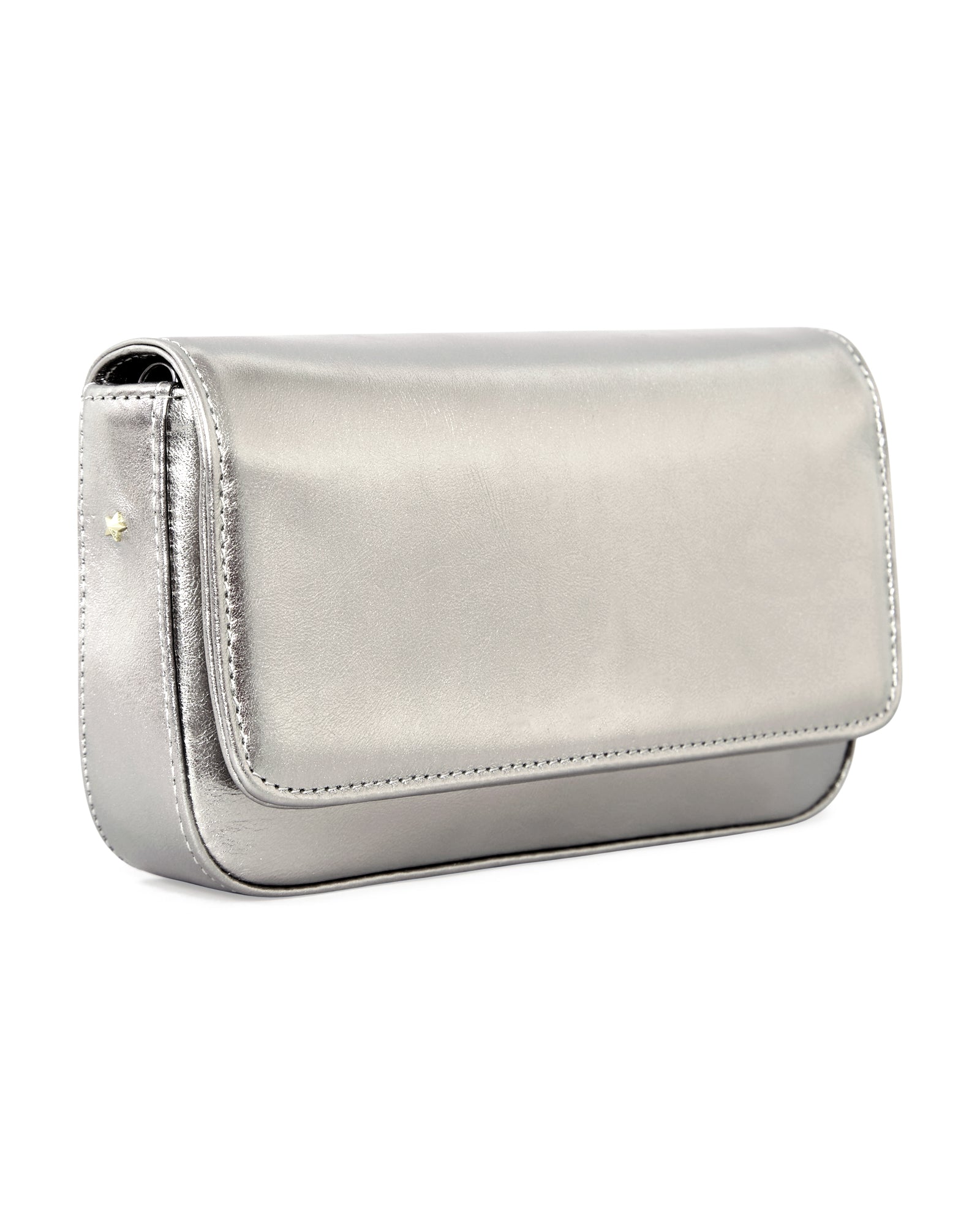 Clutch Lia em inox metalizado em vista lateral com detalhe para a estrelinha Benvenuta