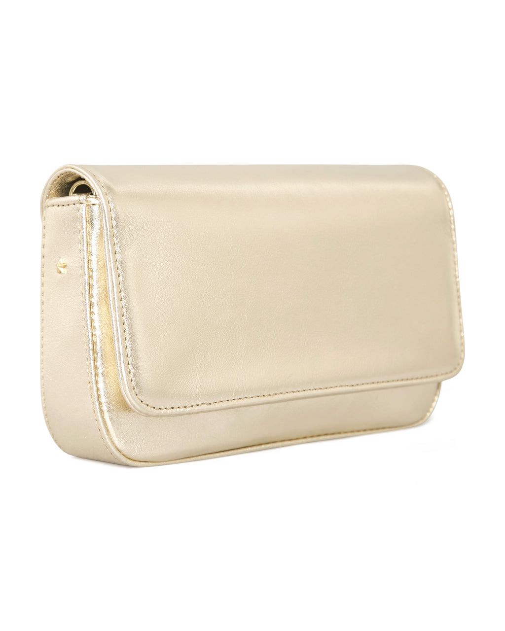 Clutch Lia em ouro light metalizado em vista lateral com detalhe para a estrelinha Benvenuta