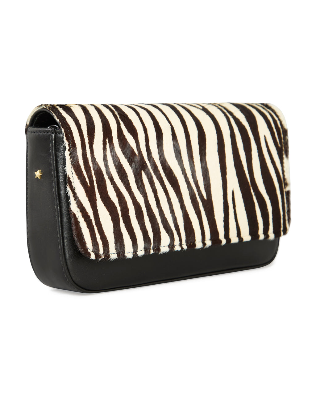 Clutch Lia com tampa em couro zebra com estrutura em couro preto com vista lateral