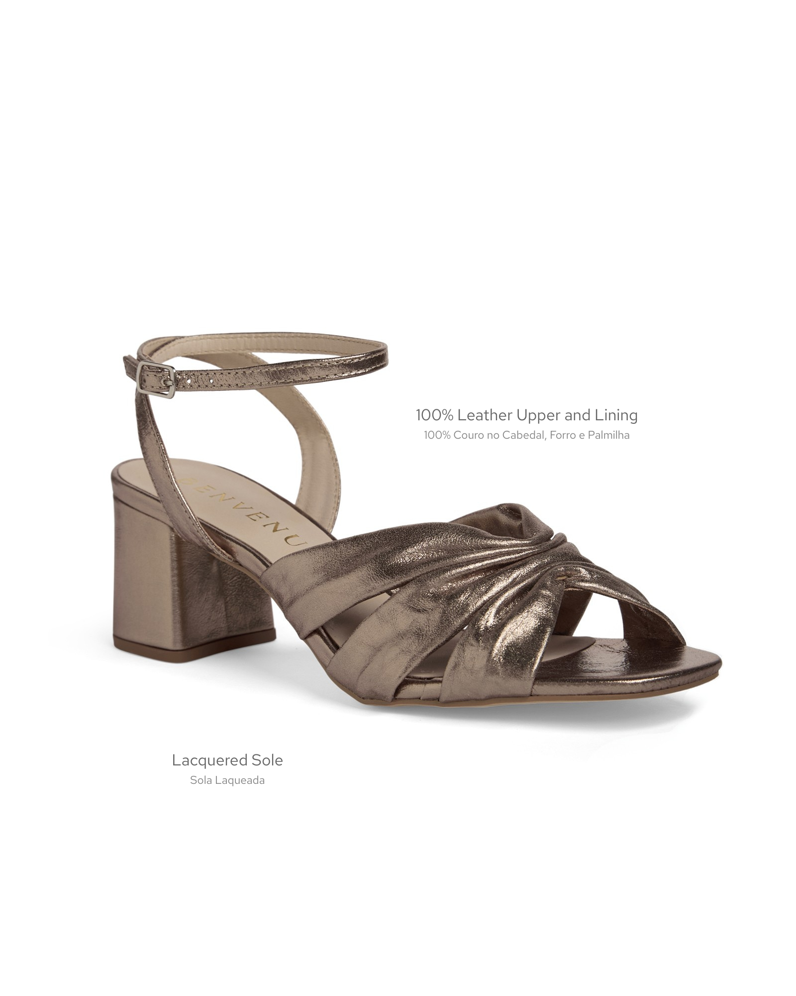 Informações técnicas da sandália Nati 65 Prata Velho Metalizada Benvenuta.