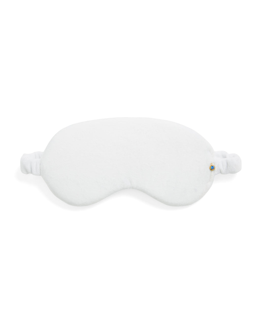 Máscara de olhos, sleep mask, em tecido plush aveludado na cor branca com pingente de cristal azul da linha Serenitá da Benvenuta.